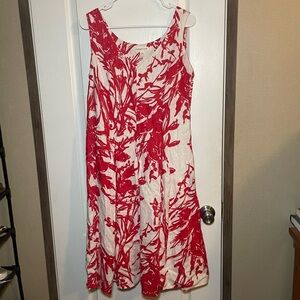 Coldwater Creek‎ Red & White Floral 100% Linen Sleeveless Lined Dress Size 12